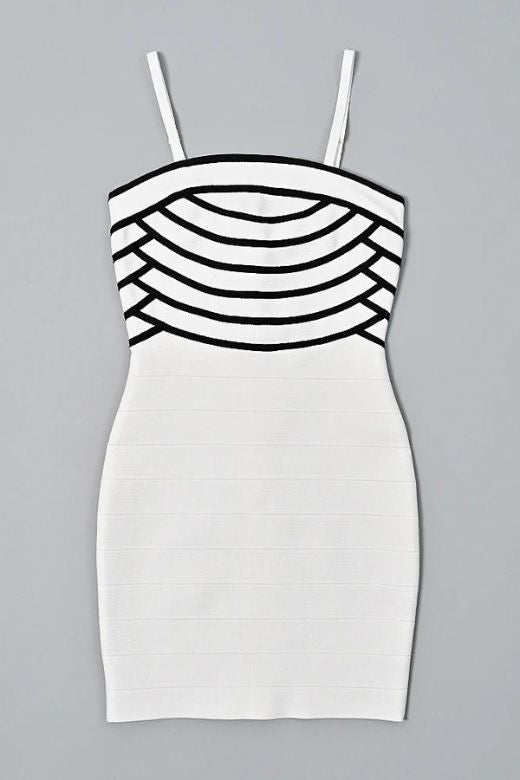 Pearl White Spaghetti Strap Square Neck Stripe Bodice Bandage Mini Dress