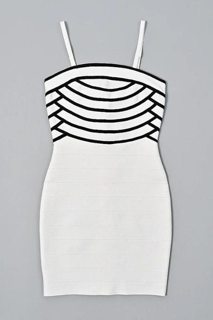 Pearl White Spaghetti Strap Square Neck Stripe Bodice Bandage Mini Dress
