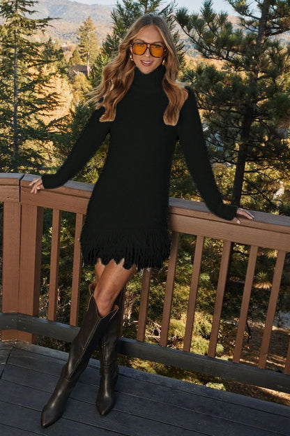 Loose Fit Fringe Turtleneck Sweater