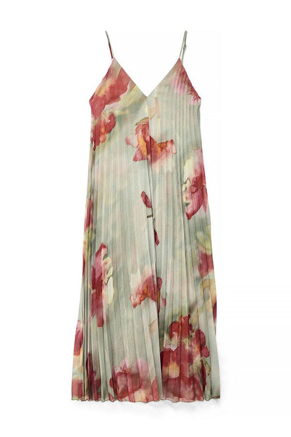 Sweet Story Pleated Chiffon Floral Print Detachable Cape Detail Maxi Dress