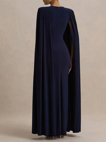 Blue Crew Neck Shoulder Cape Drape Column Maxi Gown