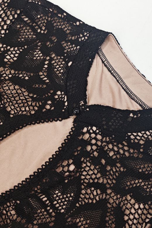Classic Black Floral Lace Mock Neck Keyhole Long Sleeve Mini Dress