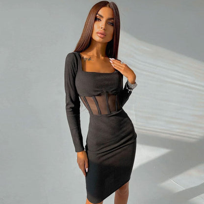 Square Neck Long Sleeve Mesh Corset Panel Rib Knit Midi Dress