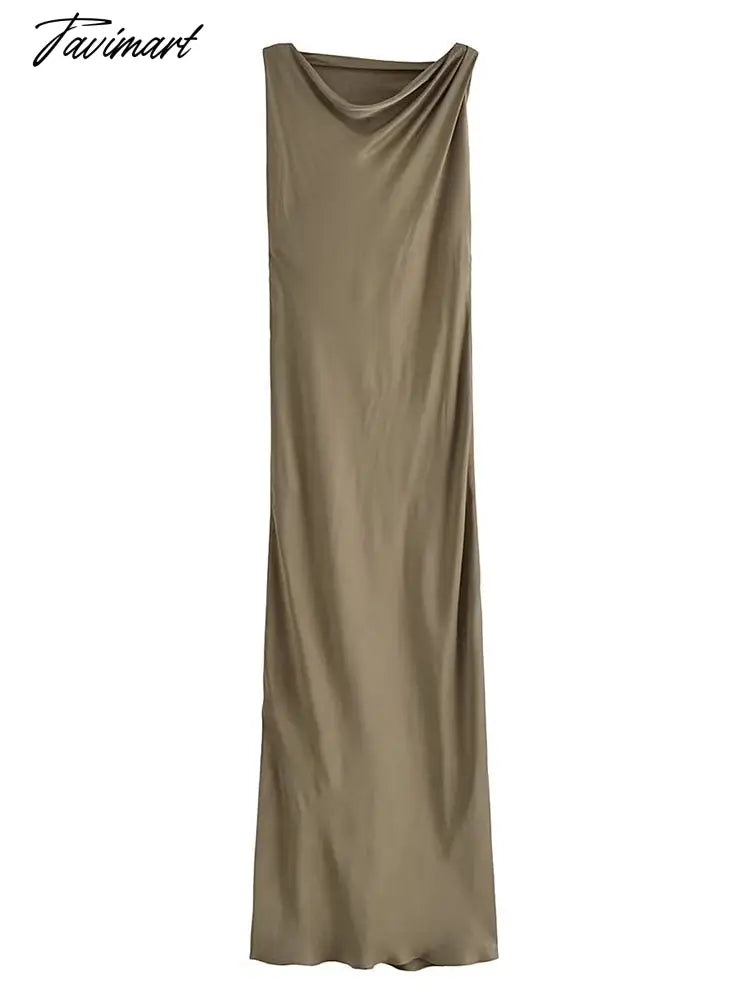 Chic Women Solid Mid-Calf Dresses Elegant Pile Collar Sleeveless Dresses Summer Ladies Fashion Side Split Party Vestidos