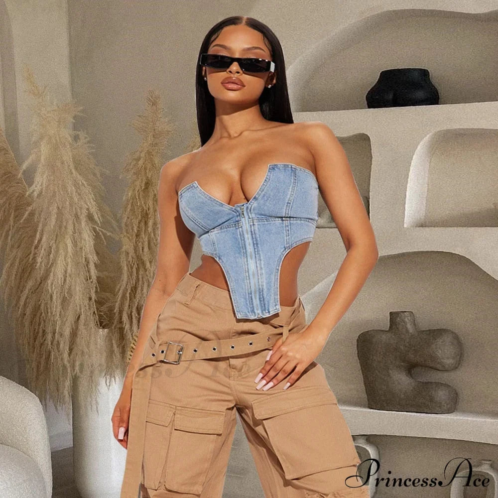 Clubwear Irregular Blue Crop Jeans Tops Warm-Season Denim Party Top Corset Streetwear Zipper Tube Strapless Clothes