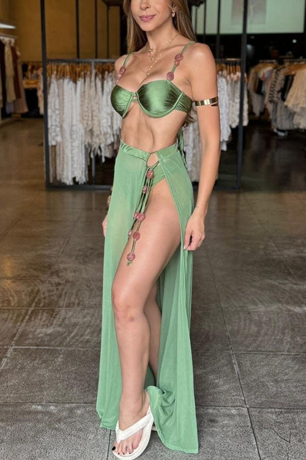 Colored Stones Detail Straps Elastic Bikini and Tulle Lace-up Waist Cover-up Maxi Skirt Three-piece Set
