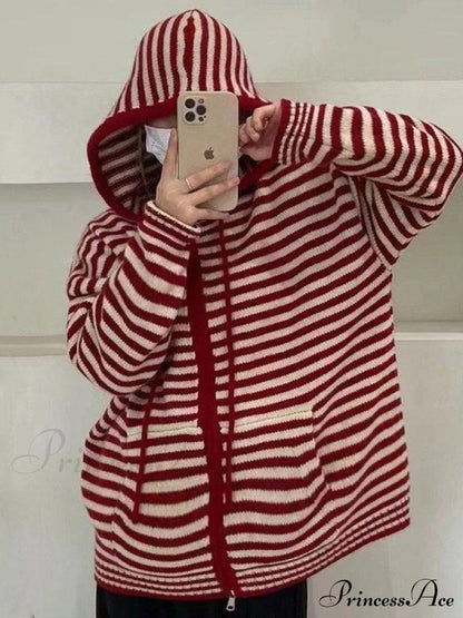 Contrasting Colors Striped Hooded Zipper Cardigan