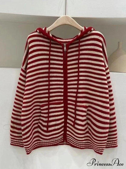Contrasting Colors Striped Hooded Zipper Cardigan