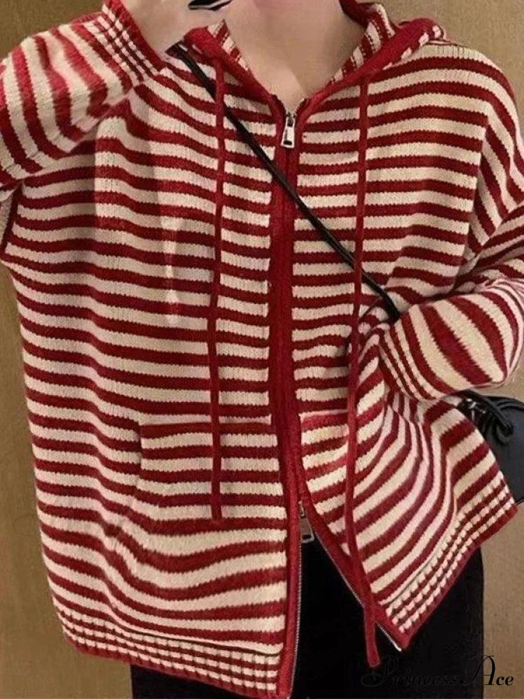 Contrasting Colors Striped Hooded Zipper Cardigan