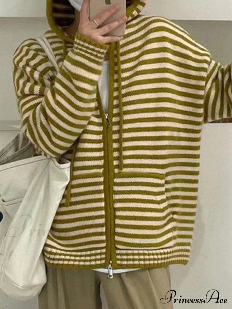 Contrasting Colors Striped Hooded Zipper Cardigan