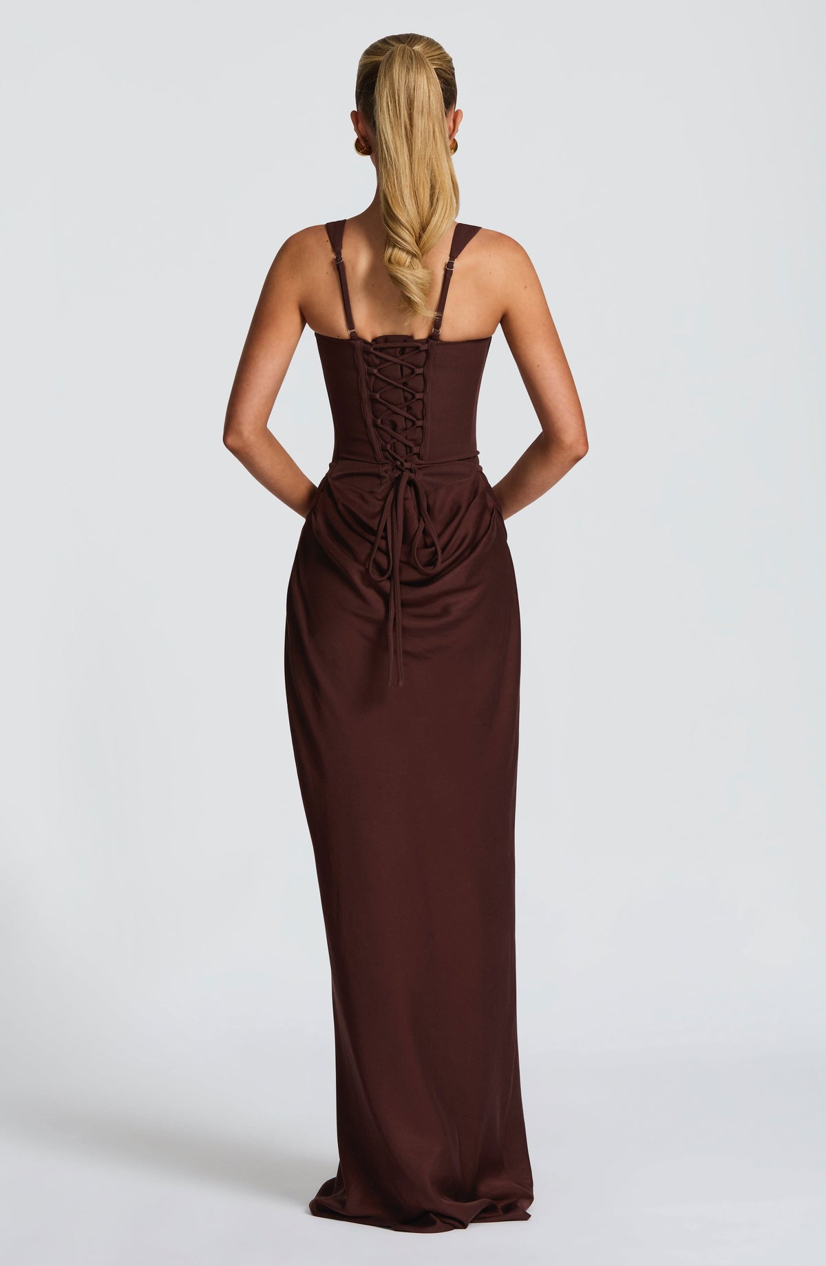 Corset Bodice Draped Hip Wide Strap Floor Length Maxi Dress