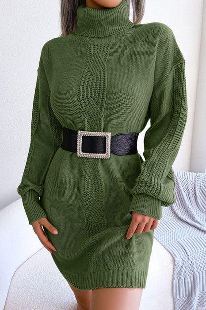 Turtleneck Cable Knit Drop Shoulder Rib Knit Mini Sweater Dress