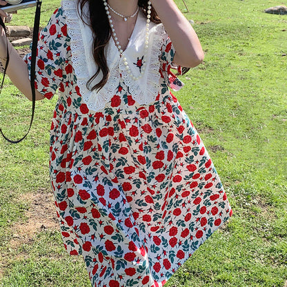 Floral Print Oversized Lace Collar Empire Waist Midi Dress