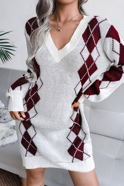 Argyle Print V-Neck Balloon Sleeve Rib Knit Sweater Mini Dress