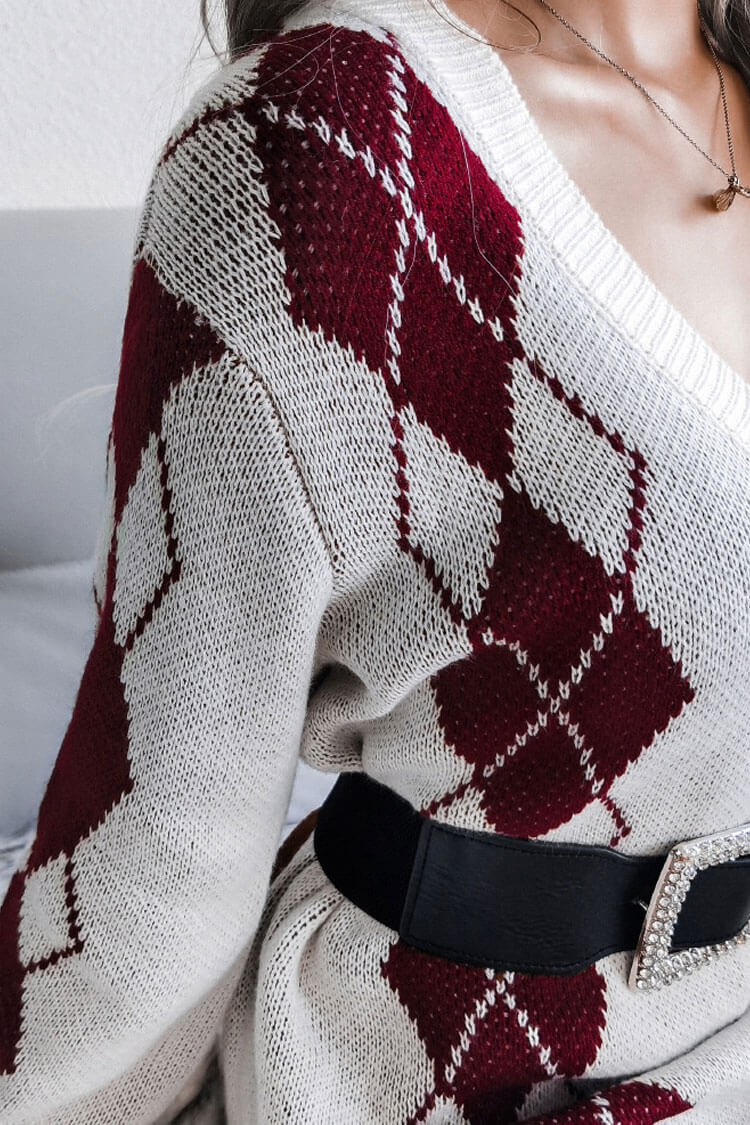 Argyle Print V-Neck Balloon Sleeve Rib Knit Sweater Mini Dress