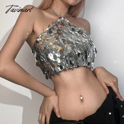 Crop Tops Woman Silver Sequin Matte Trendy Design Sexy Hot Avant-Garde High Street Personality Women's Lace-Up Vest Women