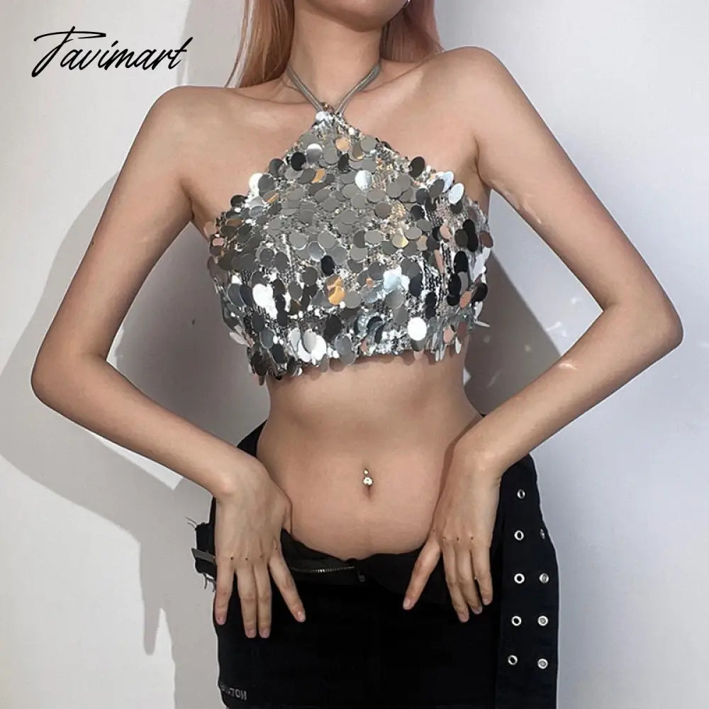 Crop Tops Woman Silver Sequin Matte Trendy Design Sexy Hot Avant-Garde High Street Personality Women's Lace-Up Vest Women