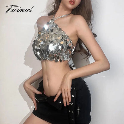 Crop Tops Woman Silver Sequin Matte Trendy Design Sexy Hot Avant-Garde High Street Personality Women's Lace-Up Vest Women