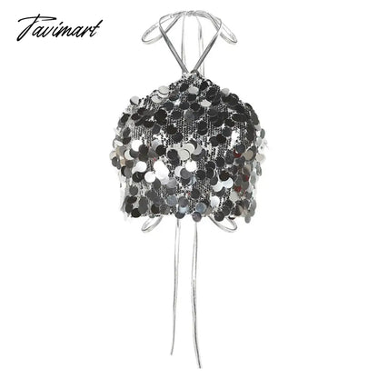 Crop Tops Woman Silver Sequin Matte Trendy Design Sexy Hot Avant-Garde High Street Personality Women's Lace-Up Vest Women