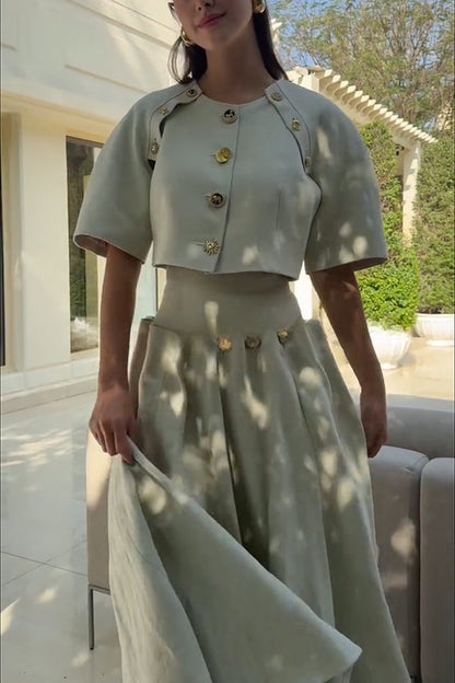 Custom Look Linen Blend Unique Metal Pattern Buttons Lace-up Waist Crisp Hem Maxi Skirt