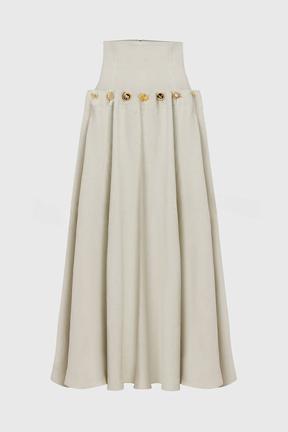 Custom Look Linen Blend Unique Metal Pattern Buttons Lace-up Waist Crisp Hem Maxi Skirt