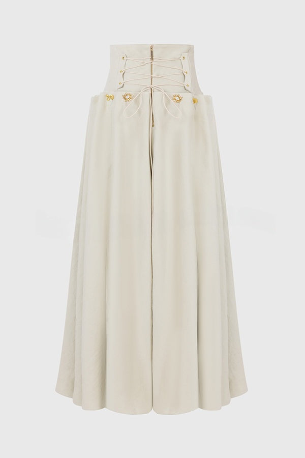 Custom Look Linen Blend Unique Metal Pattern Buttons Lace-up Waist Crisp Hem Maxi Skirt