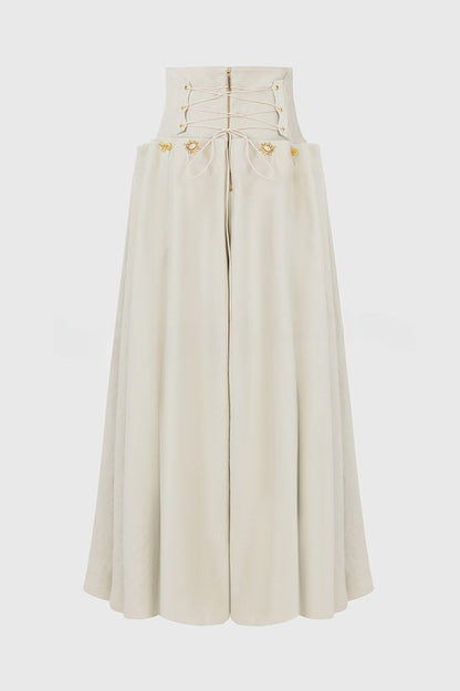 Custom Look Linen Blend Unique Metal Pattern Buttons Lace-up Waist Crisp Hem Maxi Skirt