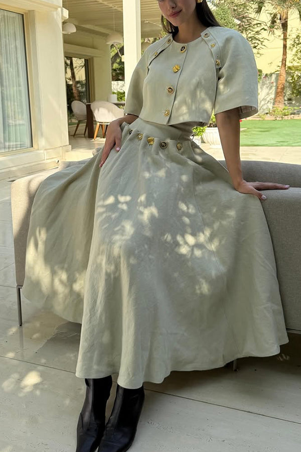 Custom Look Linen Blend Unique Metal Pattern Buttons Lace-up Waist Crisp Hem Maxi Skirt