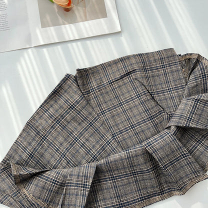 Sweet Hot Girl College Style Suit Women's Autumn Plaid Loose Zipper Jacket High Waist A-line Skirt Two-piece Set Female Clothes