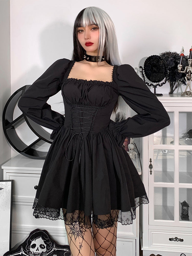 Spaghetti Strap Lace Satin Slip Party Mini Harajuku Vintage Square Collar Puff Sleeve Dress