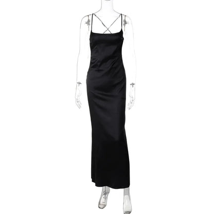 Backless Floral Strap Long Dress Women's Summer Fashion Solid Color Slim Strap One-Neck Evening Dress Elegant Long Dress