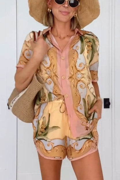 Royalty Unique Print Button Up Short Sleeve Shirt and Elastic Waist Pocketed Loose Shorts Set