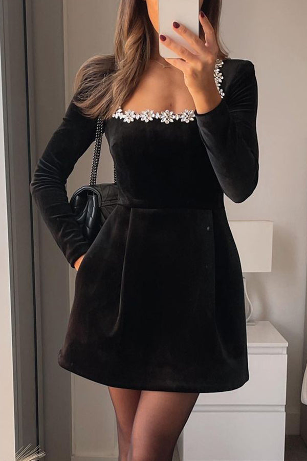 Rhinestone Floral Trim Square Neck Velvet Fit-and-Flare Mini Dress
