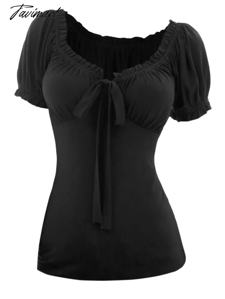 Daily Cute Short Sleeve Solid Color T-shirt Ruffles Bowknot Ruched Empire Waist Scoop Neck Y2K Tops For Girl