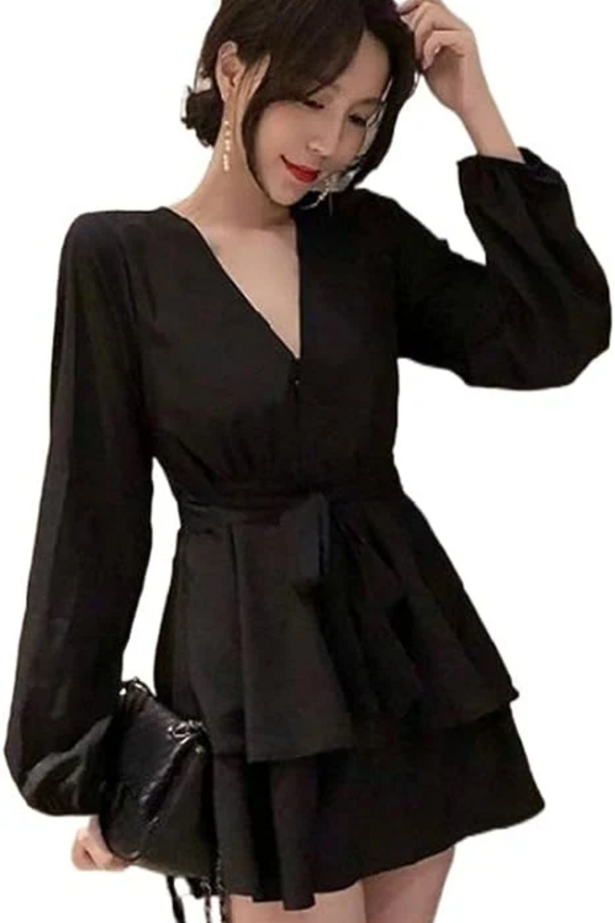 Surplice V-Neck Bishop Sleeve Cinched Waist Tiered Ruffle Mini Dress