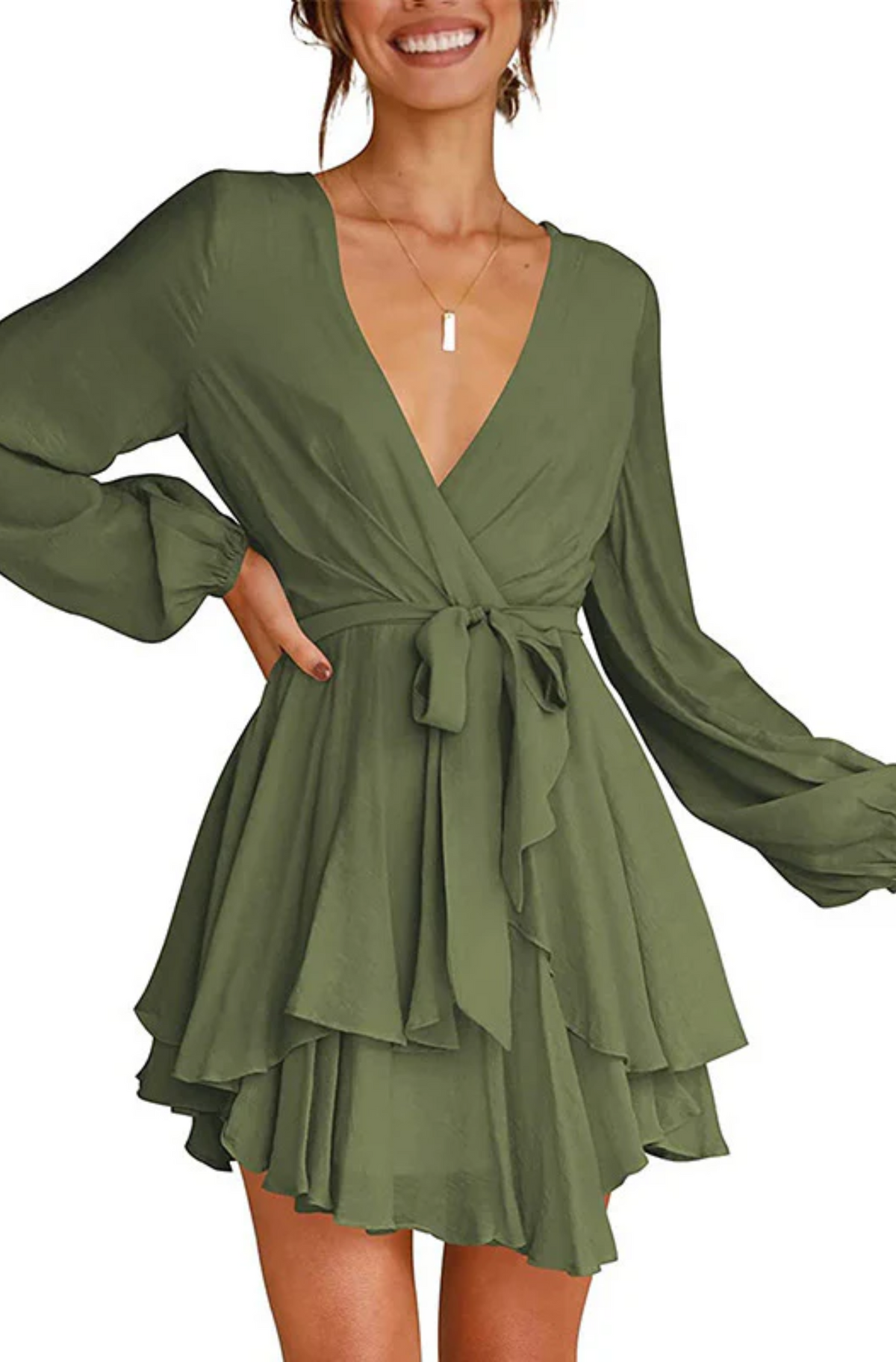 Surplice V-Neck Bishop Sleeve Cinched Waist Tiered Ruffle Mini Dress