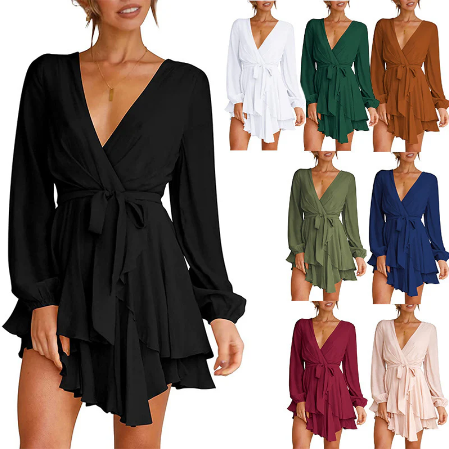 Surplice V-Neck Bishop Sleeve Cinched Waist Tiered Ruffle Mini Dress
