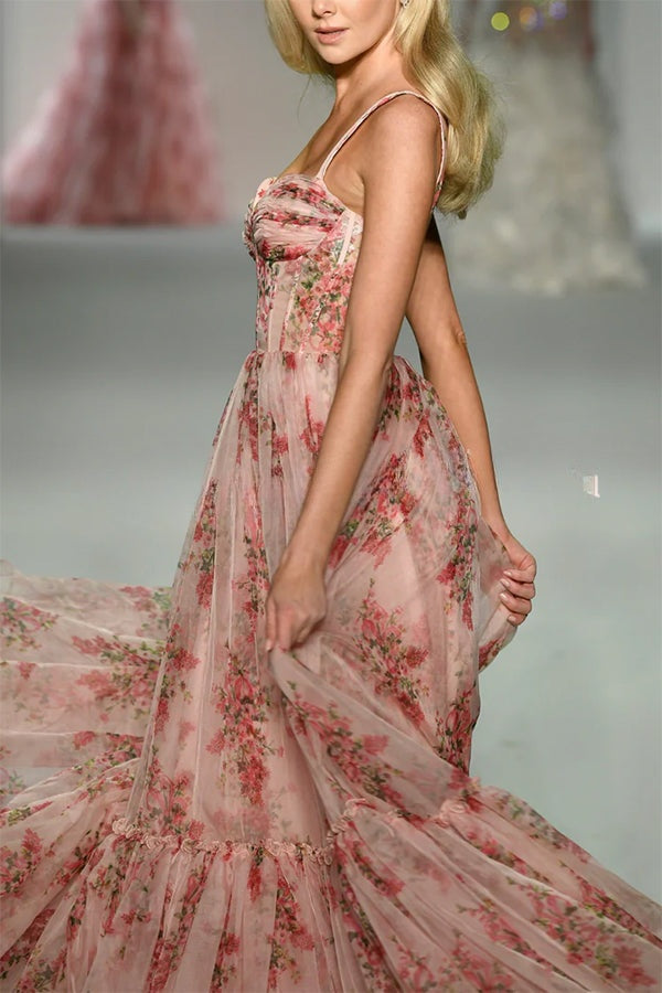 Danah Tulle Floral Print Corset Sweetheart Neck A-line Gown Maxi Dress