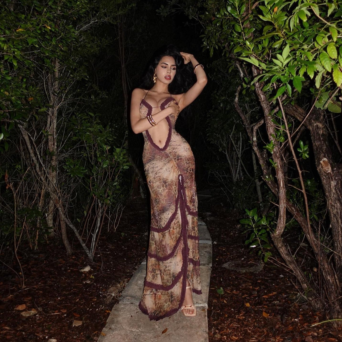 Halter Spaghetti Strap Script Print Teardrop Cutout Ruched Maxi Dress