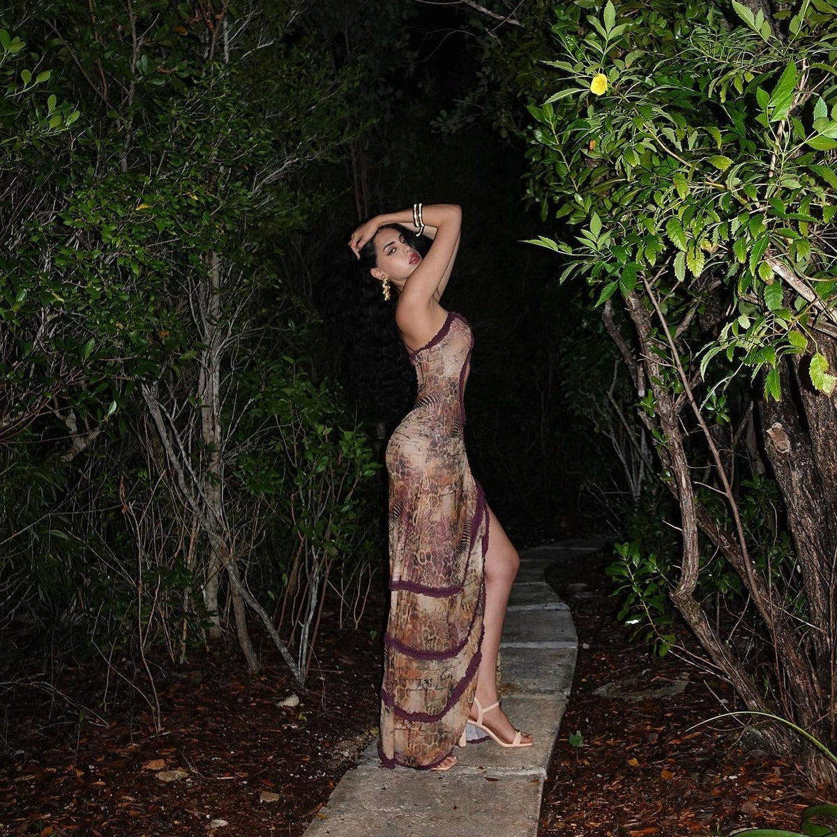 Halter Spaghetti Strap Script Print Teardrop Cutout Ruched Maxi Dress