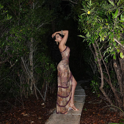 Halter Spaghetti Strap Script Print Teardrop Cutout Ruched Maxi Dress