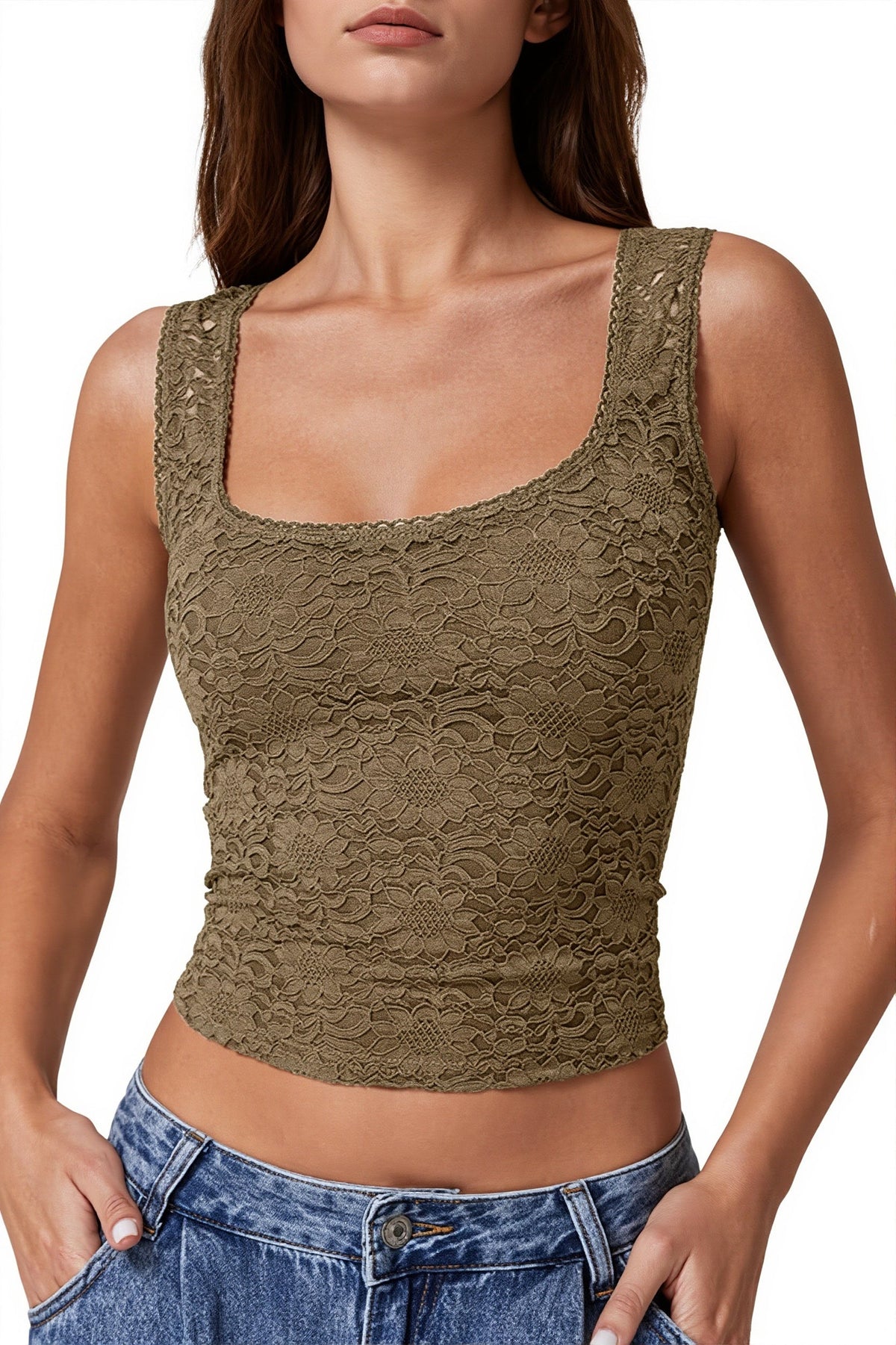 Lace Square Neck Fitted Tank Top