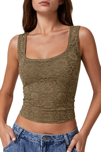 Lace Square Neck Fitted Tank Top