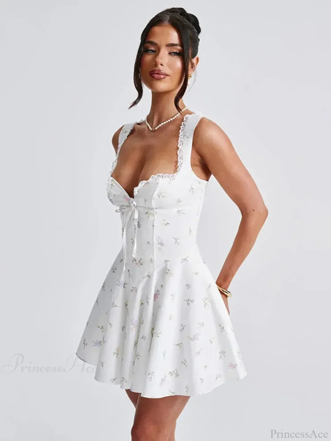 Ditsy Floral Lace Trim Corset Basque Waist Tie Front Skater Mini Dress
