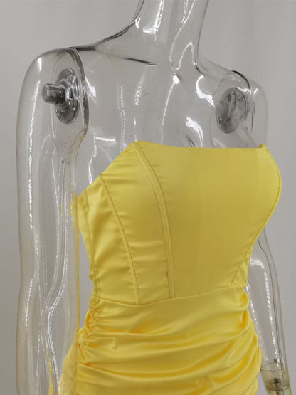 Strapless Corset Boned Ruched Satin Bodycon Mini Dress