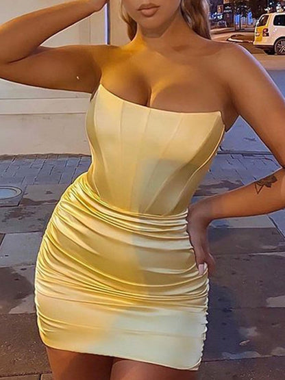 Strapless Corset Boned Ruched Satin Bodycon Mini Dress