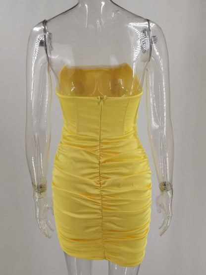Strapless Corset Boned Ruched Satin Bodycon Mini Dress