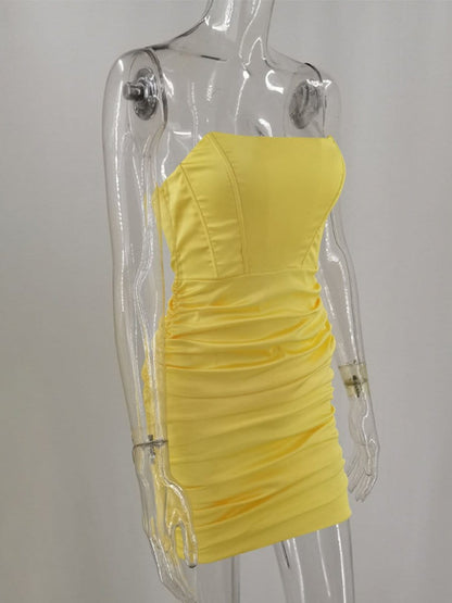 Strapless Corset Boned Ruched Satin Bodycon Mini Dress