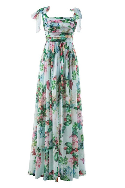 Floral Print Bow Shoulder Strap Tie Back Open Back Maxi Dress