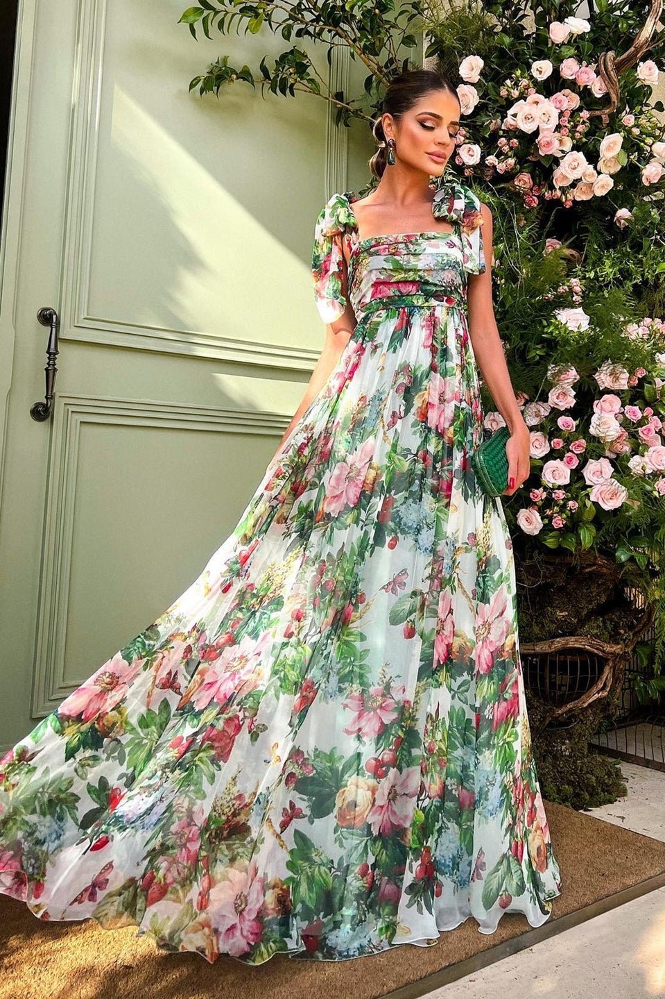 Floral Print Bow Shoulder Strap Tie Back Open Back Maxi Dress